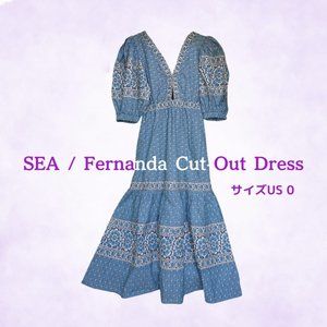 Sea NY // Fernanda Cotton Cut-Out Puff Sleeve Midi Dress Blue US0 // NWT